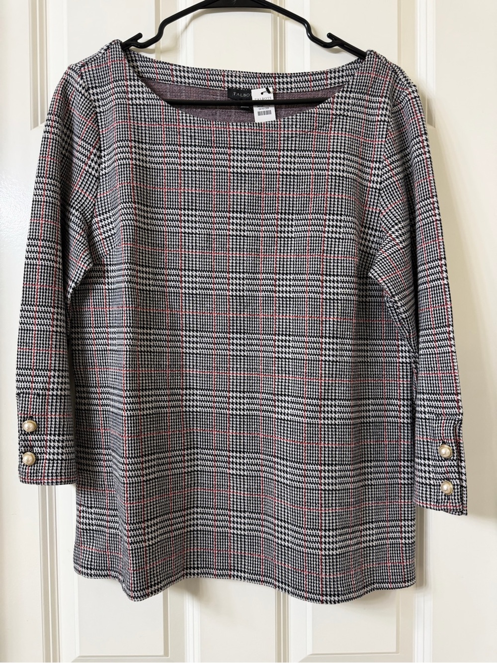 Talbots -  Plaid Button-Sleeve Women’s Top in Black and White - Large